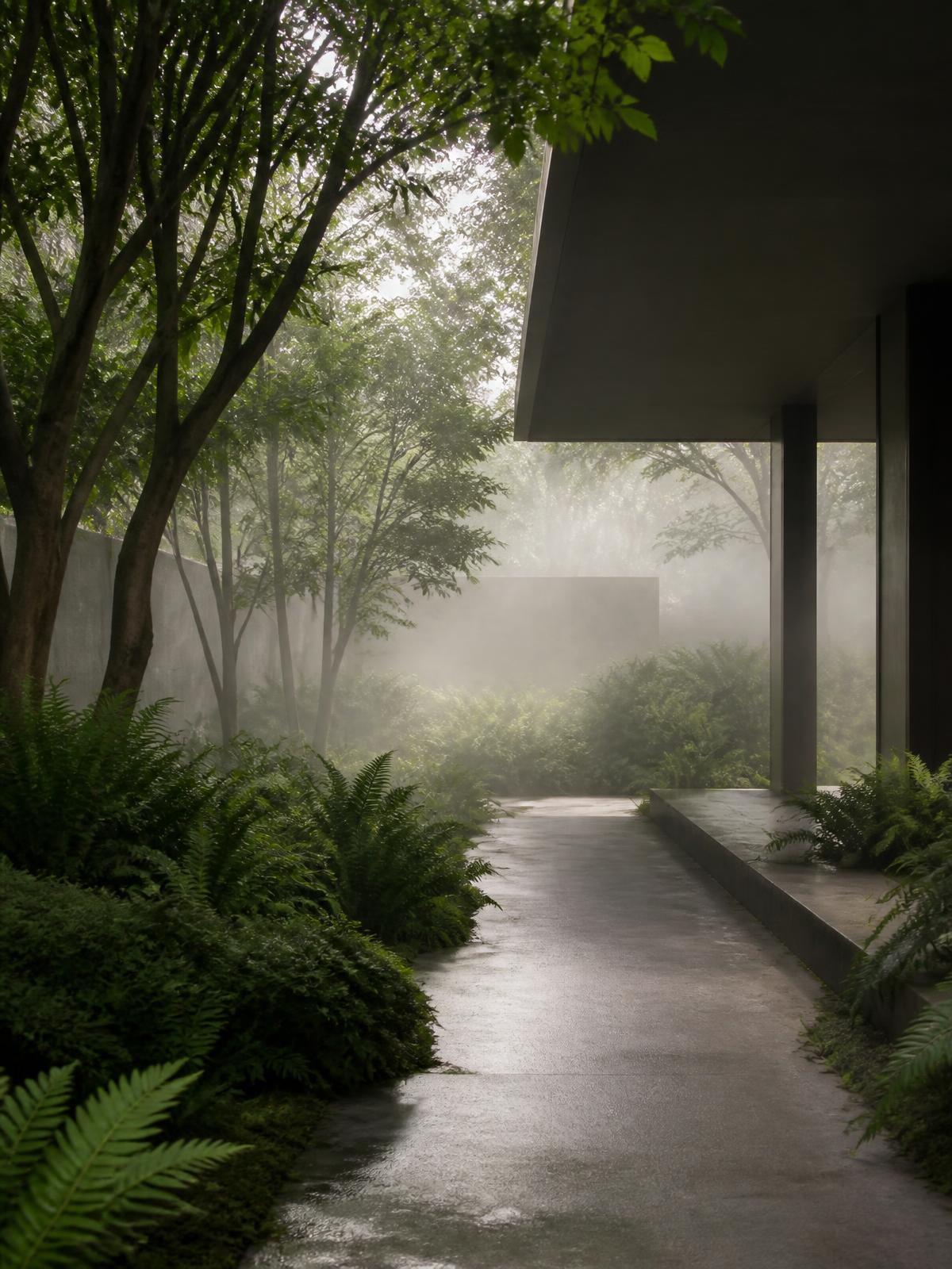 Jardim minimalista com neblina suave e samambaias